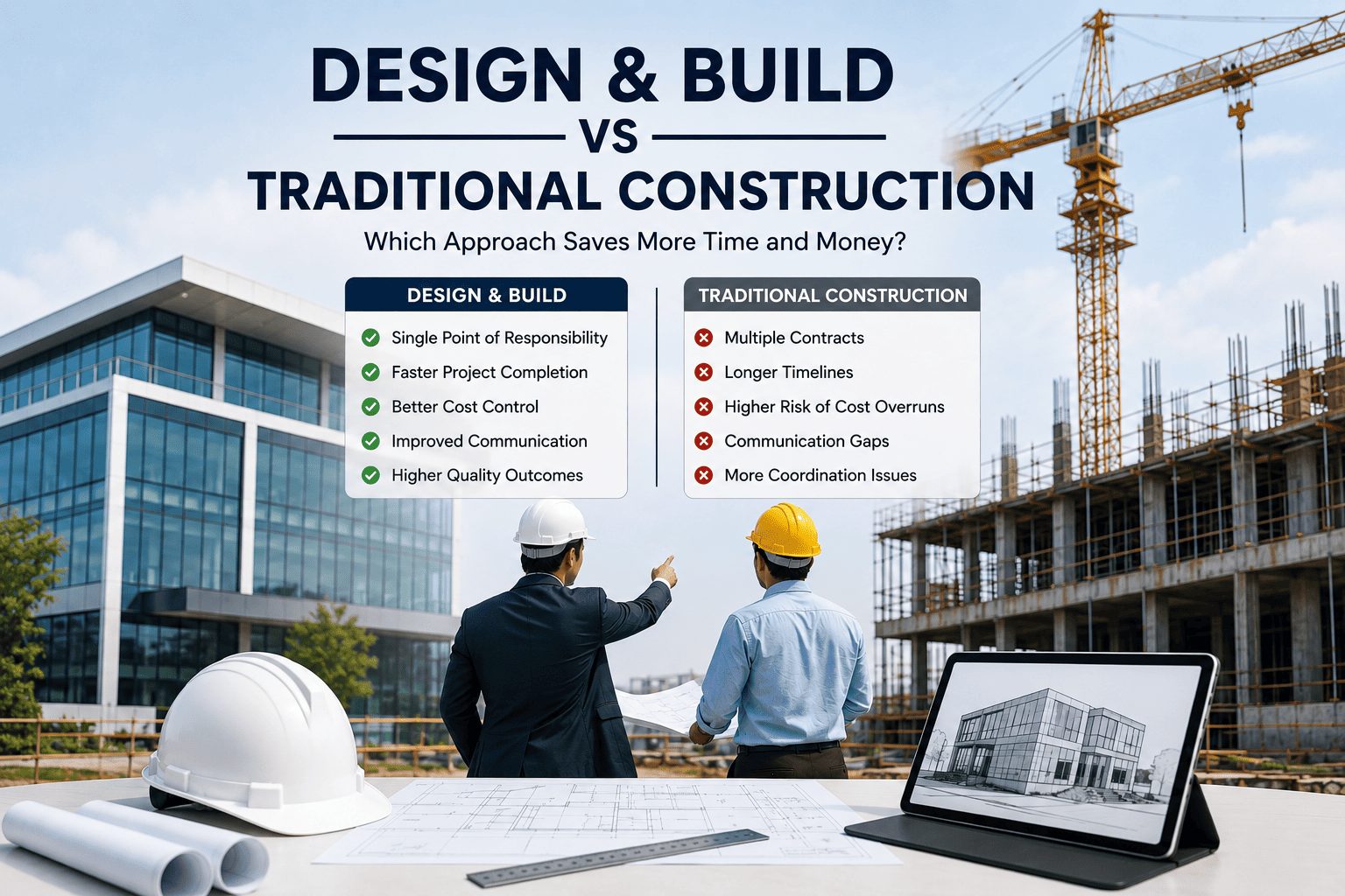 Modern commercial building under construction with architects reviewing project plans, representing the Design & Build construction approach.